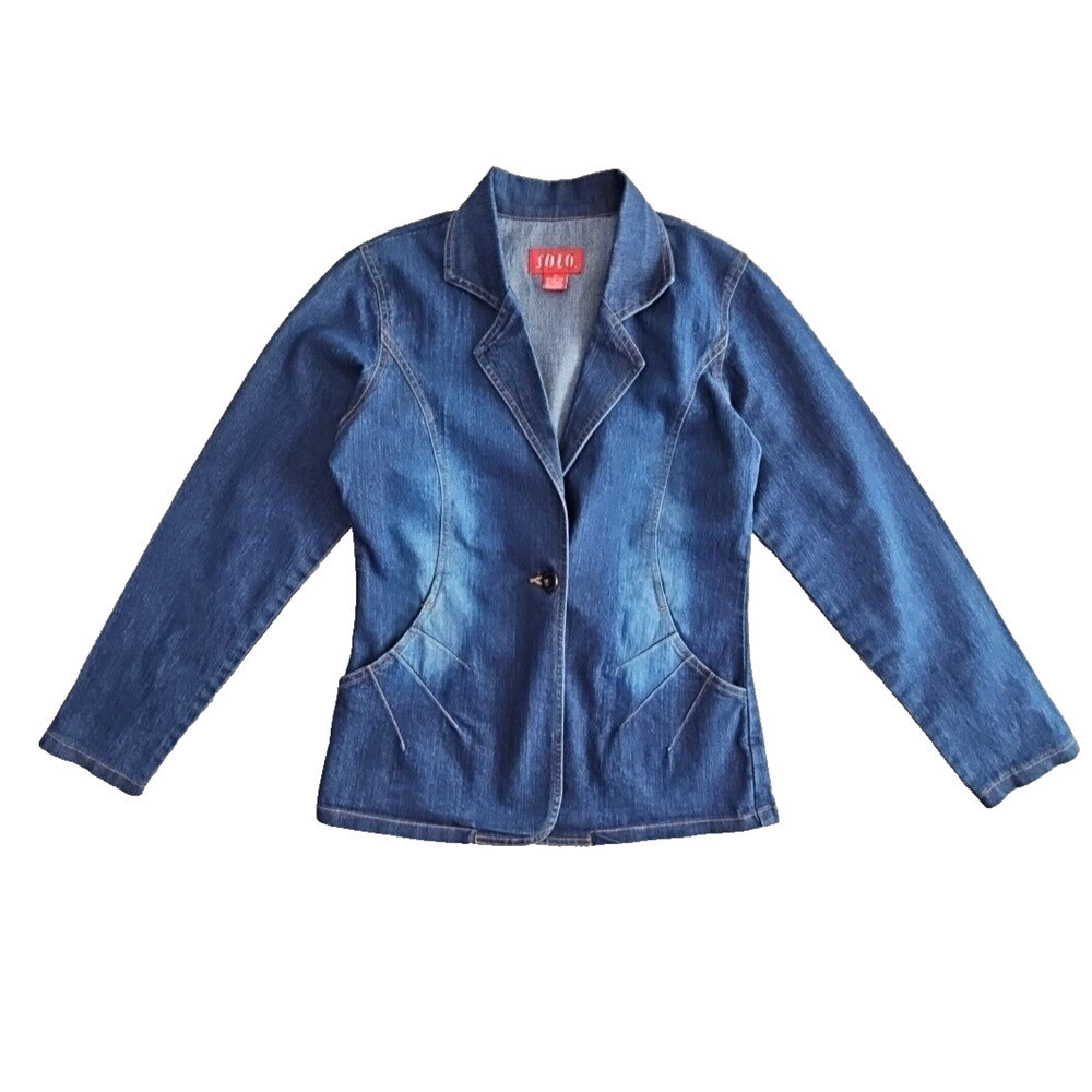 Solo‎ Denim Blazer Women's Medium Fitted Blue Long Sleeve Old Money Y2K Boho